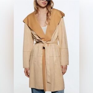 NWT Zara Women’s Beige Tan Faux Suede Hooded Jacket Trench Coat Sz XS